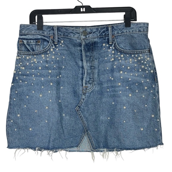GRLFRND Milla Crystal Pearl Embellished Raw Hem Mini Denim Skirt Blue Solstice M - Picture 7 of 16